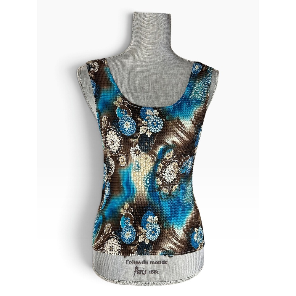 Vintage Y2K Nicola Popcorn Crinkle Top Blouse Brown Teal Floral, Medium